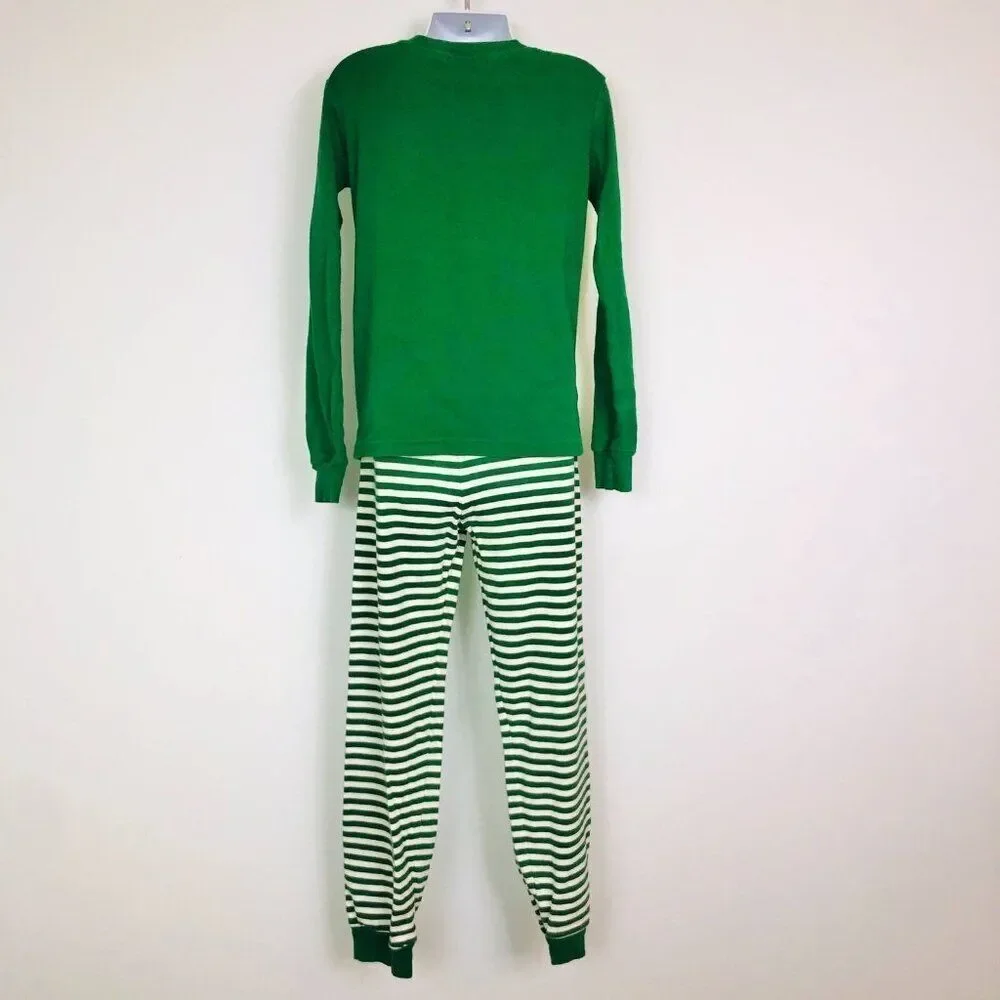 Gymboree Girls Pajamas SZ 10 Green Striped Santa Claus Christmas 2 Piece Holiday